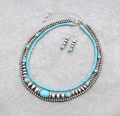 Metallic Pearl and Bead Multi-Strand Necklace Set * Burnished Silver and Turquoise Color * Matching Earrings * 16″, 17″, 18″ + 3″ EXT * Nickel, Lead & Chrome free * It is not sterling silver * All photos are stock photos