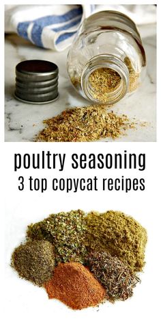 three different types of seasoning on top of each other with text overlay that says,