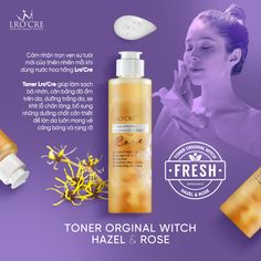 an advertisement for a beauty product with the words, toner original witch hazel & rose