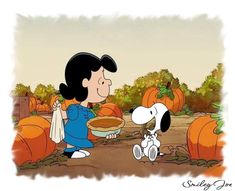 a charlie brown thanksgiving scene with pumpkins and a dog holding a pie in its mouth