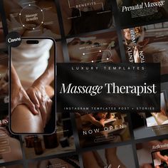 a collage of images with the words massage therapy on them