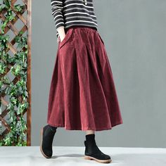 Vintage Womens Corduroy Swing Pleated Skirt Loose Casual Baggy Midi Dress Chic | eBay Winter Corduroy Dress With Pockets, Casual Corduroy Winter Dress, Winter Cotton Skirt With Pockets, Fall Cotton Skirt In Solid Color, Casual A-line Skirt For Winter, Cotton Midi Skirt For Fall, Long Skirt Winter, Long Linen Skirt, Midi Dress Chic