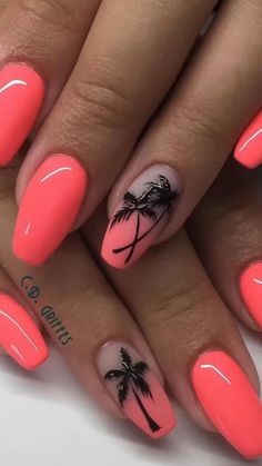 Bright Pink Nails, Palm Tree Nails, Nails Elegant, Nails Chrome, Tropical Nails, Tree Nails, Black Nail, Summer Acrylic Nails, Short Acrylic Nails Designs