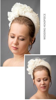 Bridal headband with pearls inspired by wonderful Kate Middleton. Bridal flower crown is hand made and hand stitched. Bridal headpiece comes with multi-sized faux pearls. Bridal hairband has been covered in a high quality Italian fabric. Halo crown headband has been trimmed with flowers and leaves covering the right ear side. Modern and elegant wedding fascinator will instantly elevate any outfit. Perfect for special events. One size. Elegant Headpiece With Handmade Flowers And Pinched Crown, Elegant Handmade Headpiece With Structured Crown, Elegant Cream Headband With Handmade Flowers, Elegant White Round Crown Headpiece, Cream Headband Headpieces For Ceremony, Handmade White Headband Headpiece, Elegant Handmade Cream Headpieces, Adjustable Wedding Hair Accessories With Structured Crown, Handmade Pinched Crown Fascinator For Wedding