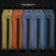 four pairs of jeans with different colors and sizes are shown in the image, one is for