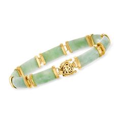 Ross-Simons - Jade "Good Fortune" Bracelet Over Sterling. 8.5". This bracelet is a favorite among jade lovers, as it shows off green jade in sleek 16x8mm rectangular bars. Box clasp features the Chinese symbol for "good fortune" in polished 18kt yellow gold over sterling silver. Double figure 8 safety. Jade Chinese symbol bracelet. Black Onyx Hoop Earrings, Byzantine Necklace, Japanese Dragon Tattoos, Dragon Tattoos, Blue Topaz Bracelet, Yellow Gold Bangle, Japanese Dragon, Fine Jewelery, Wrist Wear