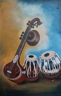 an oil painting of two musical instruments