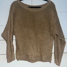 Tan, Synthetic, Knit Sweater. Gold Sequins. Nwot. Smoke Free Home. Size L. Open Knit Party Sweater, Gold Knit Winter Sweater, Gold Knit Sweater For Winter, Casual Textured Knit Sweater For Party, Casual Textured Knit Party Sweater, Sparkle Sweater, Gold Sequins, Colorful Sweaters, Knit Sweater