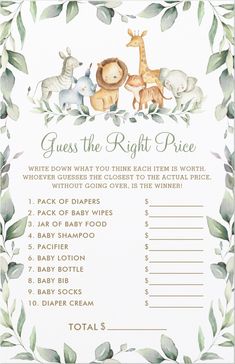 a baby dedication card with animals and leaves