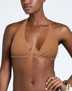 synthetic jersey, no appliqués, solid color, fully lined, self-tie closure, stretch, double face, halterneck , Color: Khaki , Size: XL Solid Halter Neck Seamless Swimwear, Bra-friendly Nylon Halter Top, Bra Friendly Nylon Halter Top, Solid Triangle Halter Top For Pool, Nylon Halter Neck Top For Poolside, Nylon Halter Top For Poolside, Nylon Halter Neck Top For Pool, Solid Color Triangle Halter Top With Tie Back, Swimming Halter Top With Tie Back