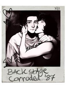 a black and white drawing of two people hugging each other with the caption back stage controlled