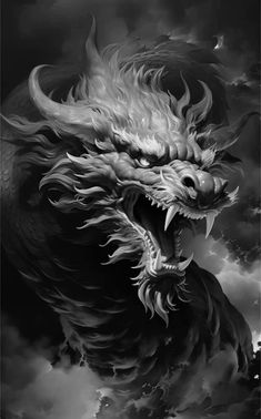 a black and white image of a dragon with its mouth open in front of dark clouds