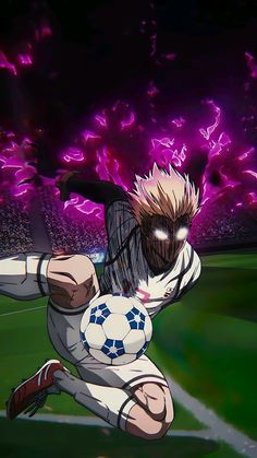 a soccer player kicking a ball on top of a green field with purple lights in the background