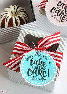 three boxes with different types of cakes in them