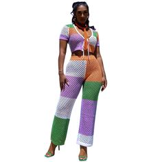 Contrast Color Print Crop Top Full Pants Tracksuits Multicolor Two-piece Pant Set For Summer, Fitted Pant Set For Vacation, Fitted Pant Set For Summer Vacation, Multicolor Two-piece Pant Set For Spring, Summer Multicolor Two-piece Pant Set, Multicolor Two-piece Summer Pants, Casual Multicolor Two-piece Pants Set, Fitted Multicolor Two-piece Bottoms, Multicolor Two-piece Summer Bottoms