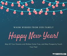 a happy new year card with christmas lights and stars on the string, says warm wishes from our family