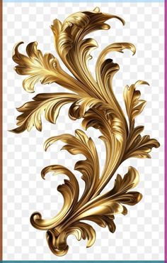 an ornate gold leaf design on a white background, with blue border and pink frame