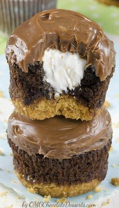 two chocolate covered donuts with frosting on top