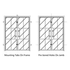 two doors with measurements for each side and the other side, both showing different angles