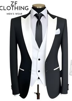 Men Suits 3 Piece Designer Tuxedo Black And White Stylish Suits Wedding Party Suits Elegant Suits Formal Fashion Suits Bespoke For Men Item Include (Coat+ Vest+ Pant) Fabric:- Imported, Premium Color:- Black, White Color Pant:- White or Black  Dry Clean Recommended The suit is for wedding, Party, Proms, and Many Occasions. We make the suit according to our Standard size chart, If you are not sure about your size/measurement,  please give your body measurement in inches, so we make perfect suit f White And Black Tuxedo, Royal Suits For Men, White Fitted Tuxedo Three-piece Suit, Elegant White Tuxedo For Black-tie Events, Tailored White Three-piece Tuxedo Suit, Elegant White Single-breasted Tuxedo, Designer Tuxedo, Black Tuxedo Jacket, Custom Tailored Suits