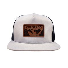 Colorado Elevation mountains faux leather patch in rawhide. Available in silver gray or black. Flat bill cotton twill front. Mesh back with adjustable snapback Patch Hat, Leather Patches, Cotton Twill, Colorado, Faux Leather, Mesh, Hats, Silver, Leather