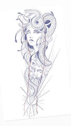 a drawing of a woman's face with long hair and an intricate pattern on her body