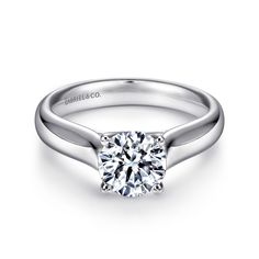 a white gold engagement ring with a round brilliant diamond in the center, on a plain surface