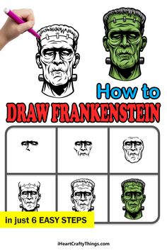 How To Draw Frankenstein, Frankenstein Painted Rocks, Easy Frankenstein Drawing, Drawing Frankenstein, Frankenstein Directed Drawing, Frankenstein Painting Easy, Frankenstein Line Art, Draw Frankenstein, Easy Pokemon Drawings