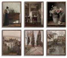 four paintings of women in different styles and sizes, each with an image of a woman looking out the window