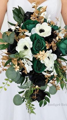 a bridal bouquet with black and white flowers