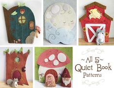 the four pictures show different houses made from felt and fabric, with text overlay that says purchase all 5 quiet book patterns and save link below