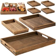 six wooden trays with different compartments and food items in them on a white background