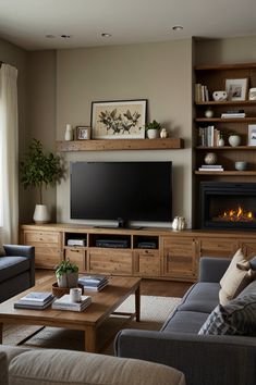 a living room filled with furniture and a flat screen tv mounted on a wall above a fire place