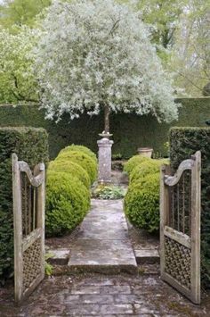 an open gate leading into a garden with trees and bushes in the background on a brick path