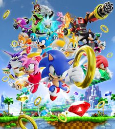 sonic the hedgehog is flying through the air in front of many other cartoon characters