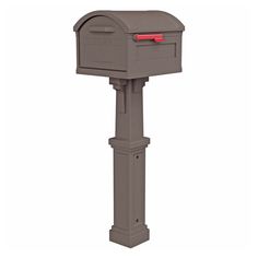 a gray mailbox with a red light on the top and bottom part of it