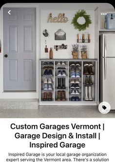 the garage design and install guide is displayed in front of a door with shoes on it