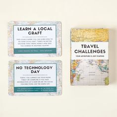 two business cards with the words learn a local craft and travel challenges written on them