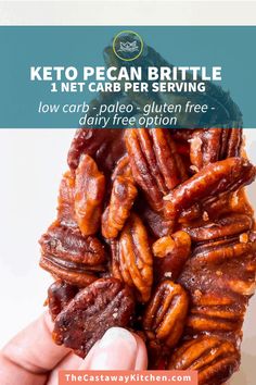 a person holding up a pile of pecans with text overlay reading keto pecan brittle 1 net carb per serving low carb - pale gluen free dairy