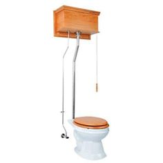 a toilet with a wooden seat attached to the side and a metal bar on top