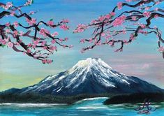 a painting of a mountain with pink flowers in the foreground and a body of water below