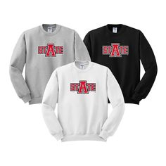 Arkansas State University Crewneck Sweatshirt - Red Wolves Spirit Wear Arkansas State University Crewneck Sweatshirt with the State Logo printed across the front.  Traditional crewneck made of the NuBlend pill resistant fleece. Keep cozy and warm this winter or all year round. Unisex Sizing S-XXL.  Unisex 50/50 Cotton/Polyester  NuBlend® Pre-shrunk Fleece 8.0 oz / 271 g NuBlend® pill-resistant fleece Made with sustainably sourced USA grown cotton High stitch density for a smooth printing canvas Red Cotton Sweatshirt For Campus, Crew Neck Tops For College Events In Fall, University Red Collegiate Tops For Winter, Red Long Sleeve Sweatshirt For Campus, Collegiate Style Sweatshirt In University Red With Letter Print, Long Sleeve Letter Print Tops For College Events, Letter Print Long Sleeve Tops For College, Varsity Crew Neck Tops For College Events, Collegiate Long Sleeve Tops For College Events