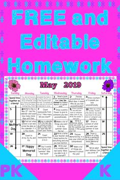 a pink and blue calendar with the words free and editable homework