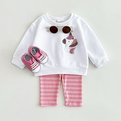 Dress your baby in charming autumn style with our Embroidered Animal Print Top & Striped Leggings Set! 🐻👖 Perfect for babies aged 6-24 months, this casual yet adorable outfit features a soft, long-sleeved top made from a cozy blend of cotton and polyester. The top showcases a delightful embroidered animal print, adding a playful touch that your little one will love. Paired with comfy striped leggings made from combed cotton, this set ensures a snug and true-to-size fit for all-day comfort. 🍁 Long Sleeve Sets With Letter Print For Playtime, Long Sleeve Character Print Playtime Sets, Unicorn Top, Cotton Long Sleeve Dinosaur Print Set, Playful Mickey Mouse Cotton Sets, Toddler Girl Pack Sporty Set, Embroidery Top, Kids Fashion Clothes, Leggings Set