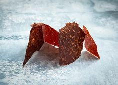 two pieces of food sitting on top of a metal table covered in frosted material