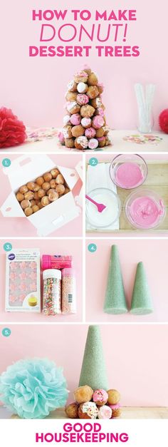 the instructions for how to make donut dessert trees are shown in pink and blue