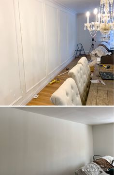 before and after shots of a living room with white walls, furniture and chandelier