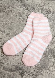 Fuzzy socks Pink with white stripes One size Cute Fuzzy Socks, Feminine Esthetics, Bed Socks, Fluffy Socks, Sunglass Chain, Fuzzy Socks, Pink Bedding, Pinterest Closet, Color Calibration