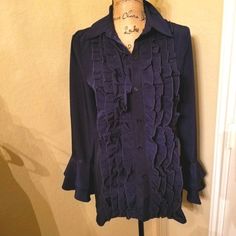 Beautiful Navy Blue Ruffled Blouse. Could Be Casual, Dressy, Work,.Never Worn Very Classy And Nice Material Blue Ruffled Tops For Formal Occasions, Formal Blue Ruffled Tops, Blue Office Blouse With Ruffles, Blue Ruffled Collar Blouse For Fall, Blue Ruffled Tops For Office, Blue Ruffled Blouse For Night Out, Casual Dressy, Ruffled Blouse, Newport News