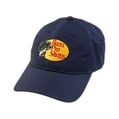 a blue hat with the words bass to shops on it and an image of a man's face